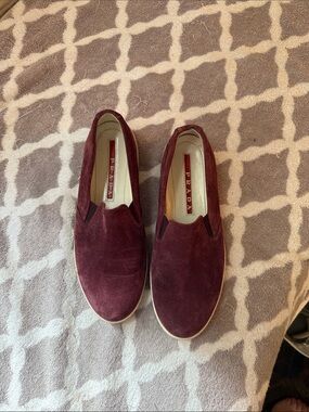 Prada Women’s Burgundy Suede Slip-On Loafers